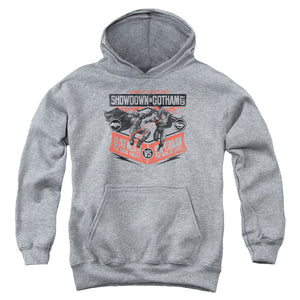 AN OFFCIALLY LICENSED BATMAN V SUPERMAN SHOWDOWN IN GOTHAM YOUTH HOODIE ATHLETIC HEATHER