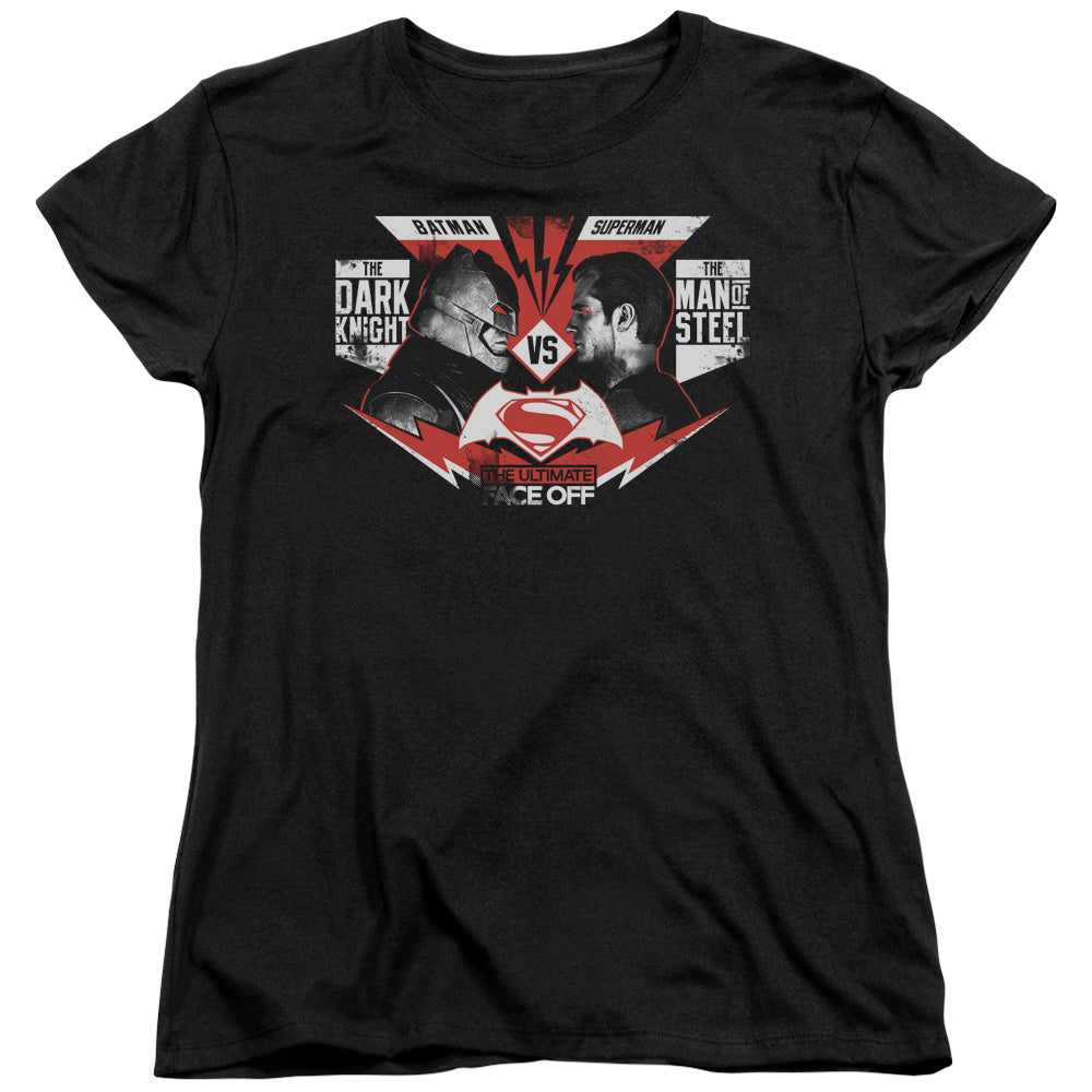 AN OFFCIALLY LICENSED BATMAN V SUPERMAN ULTIMATE FACE OFF WOMEN'S REGULAR FIT T-SHIRT BLACK