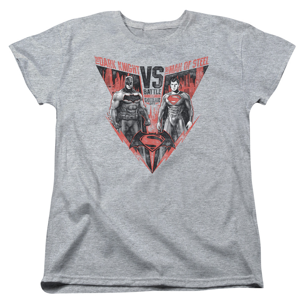 AN OFFCIALLY LICENSED BATMAN V SUPERMAN BATLLE FOR GOTHAM WOMEN'S REGULAR FIT T-SHIRT ATHLETIC HEATHER