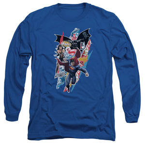 AN OFFCIALLY LICENSED BATMAN V SUPERMAN RIPPED TRIO MEN'S LONG SLEEVE T-SHIRT ROYAL