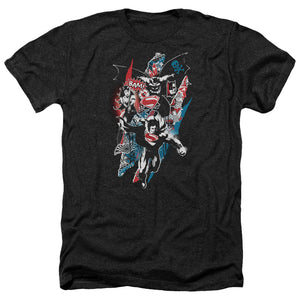 AN OFFCIALLY LICENSED BATMAN V SUPERMAN RIPPED TRIO 2 MEN'S HEATHER T-SHIRT CHARCOAL