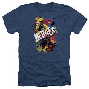 AN OFFCIALLY LICENSED BATMAN V SUPERMAN DOUBLE HERO MEN'S HEATHER T-SHIRT NAVY