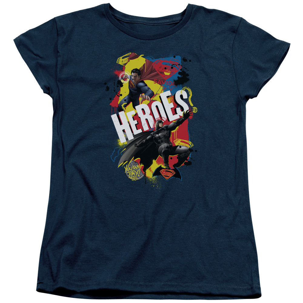 AN OFFCIALLY LICENSED BATMAN V SUPERMAN DOUBLE HERO WOMEN'S REGULAR FIT T-SHIRT NAVY