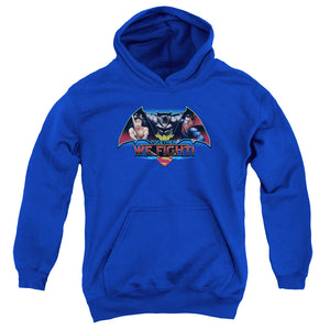 AN OFFCIALLY LICENSED BATMAN V SUPERMAN TOGETHER WE FIGHT YOUTH HOODIE ROYAL