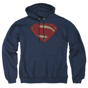 AN OFFCIALLY LICENSED BATMAN V SUPERMAN SUPERMAN COSTUME SHIELD ADULT UNISEX PULLOVER HOODIE NAVY