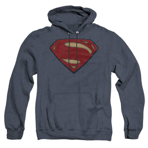 AN OFFCIALLY LICENSED BATMAN V SUPERMAN SUPERMAN COSTUME SHIELD ADULT UNISEX HEATHER PULLOVER HOODIE NAVY