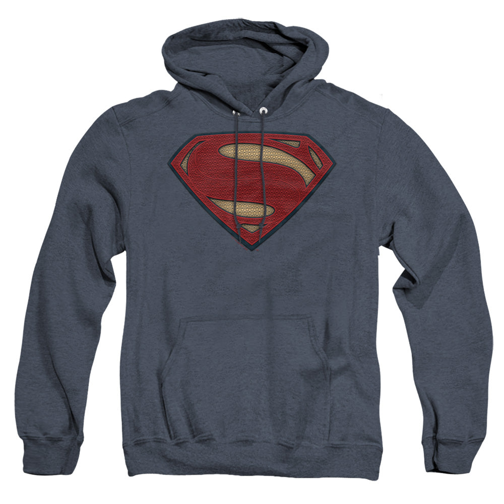 AN OFFCIALLY LICENSED BATMAN V SUPERMAN SUPERMAN COSTUME SHIELD ADULT UNISEX HEATHER PULLOVER HOODIE NAVY