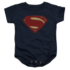 AN OFFCIALLY LICENSED BATMAN V SUPERMAN SUPERMAN COSTUME SHIELD BABY BODYSUIT NAVY