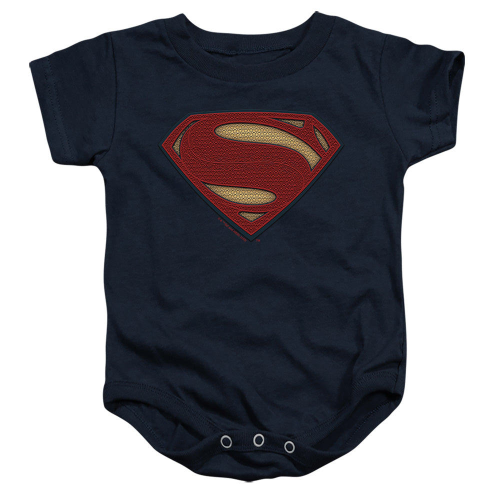 AN OFFCIALLY LICENSED BATMAN V SUPERMAN SUPERMAN COSTUME SHIELD BABY BODYSUIT NAVY
