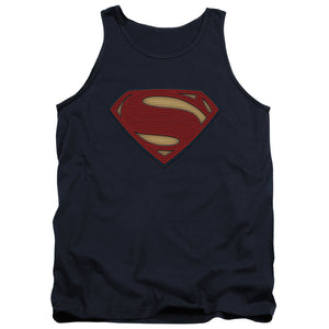 AN OFFCIALLY LICENSED BATMAN V SUPERMAN SUPERMAN COSTUME SHIELD ADULT UNISEX TANK TOP NAVY