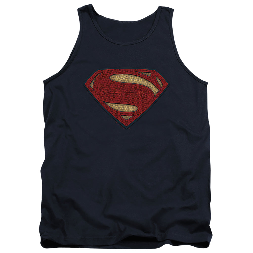AN OFFCIALLY LICENSED BATMAN V SUPERMAN SUPERMAN COSTUME SHIELD ADULT UNISEX TANK TOP NAVY