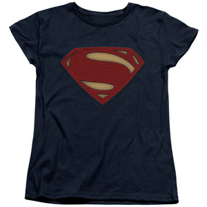 AN OFFCIALLY LICENSED BATMAN V SUPERMAN SUPERMAN COSTUME SHIELD WOMEN'S REGULAR FIT T-SHIRT NAVY