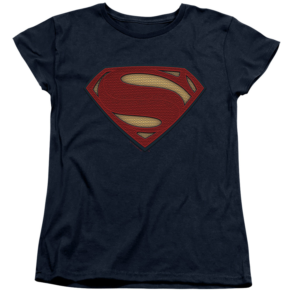 AN OFFCIALLY LICENSED BATMAN V SUPERMAN SUPERMAN COSTUME SHIELD WOMEN'S REGULAR FIT T-SHIRT NAVY