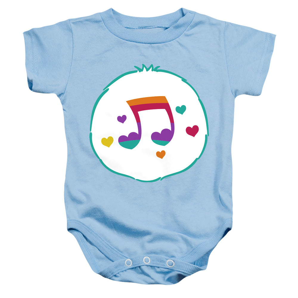 AN OFFCIALLY LICENSED CARE BEARS HEART SONG BELLY BABY BODYSUIT LIGHT BLUE