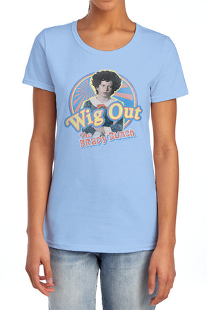 AN OFFCIALLY LICENSED BRADY BUNCH WIG OUT WOMEN'S REGULAR FIT T-SHIRT LIGHT BLUE