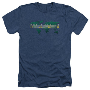 AN OFFCIALLY LICENSED AMAZING RACE AROUND THE WORLD MEN'S HEATHER T-SHIRT NAVY