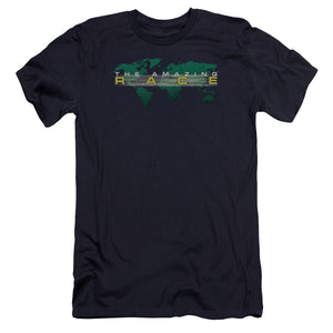 AN OFFCIALLY LICENSED AMAZING RACE AROUND THE WORLD MEN'S PREMIUM SLIM FIT T-SHIRT NAVY