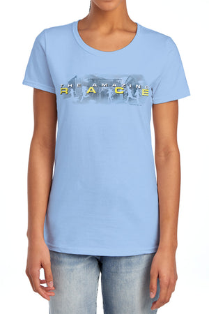 AN OFFCIALLY LICENSED AMAZING RACE IN THE CLOUDS WOMEN'S REGULAR FIT T-SHIRT LIGHT BLUE