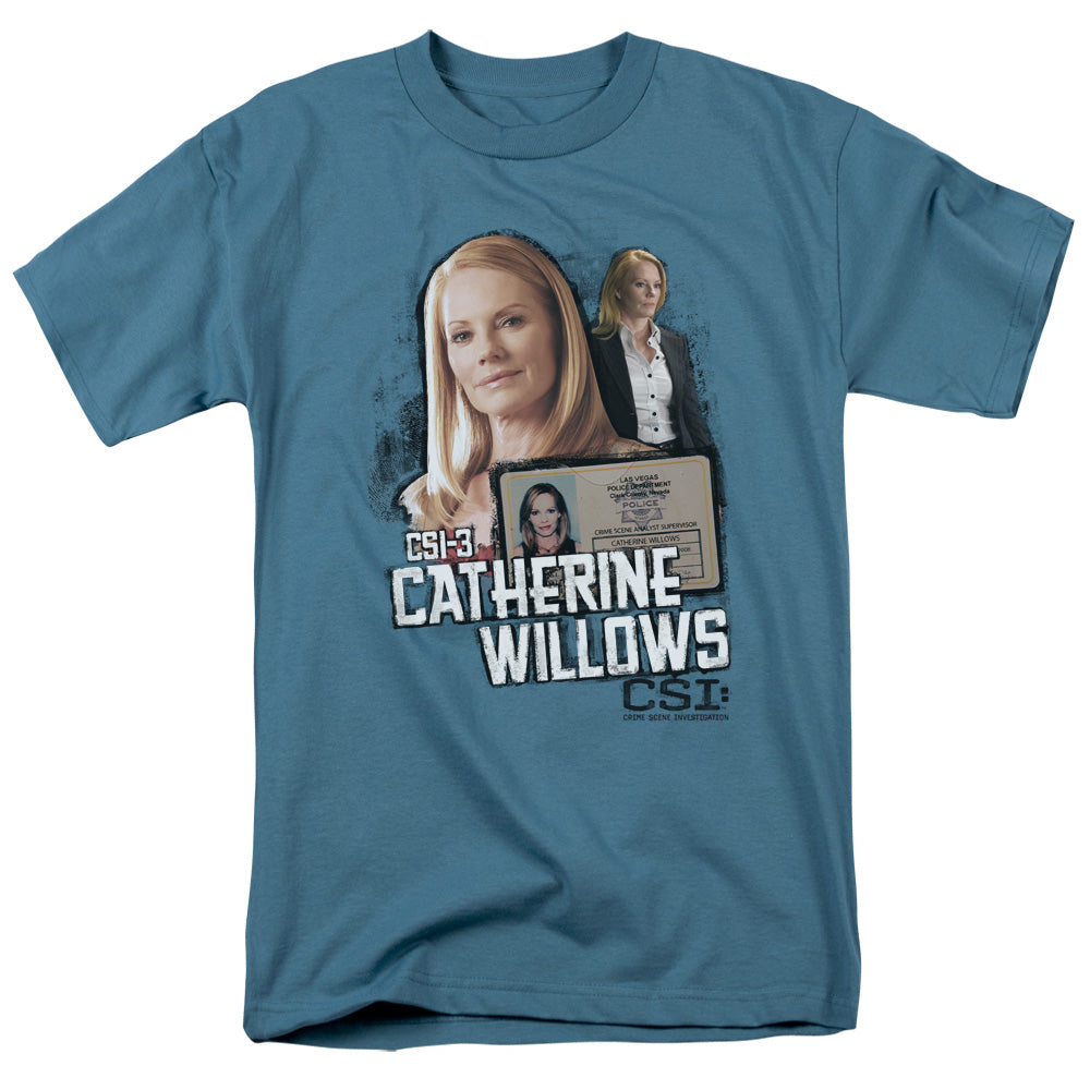 AN OFFCIALLY LICENSED CSI CATHERINE WILLOWS MEN'S REGULAR FIT T-SHIRT SLATE