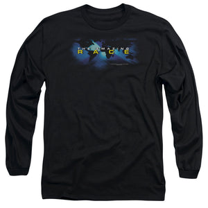 AN OFFCIALLY LICENSED AMAZING RACE FADED GLOBE MEN'S LONG SLEEVE T-SHIRT BLACK