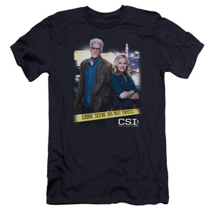 AN OFFCIALLY LICENSED CSI DO NOT CROSS MEN'S PREMIUM SLIM FIT T-SHIRT NAVY