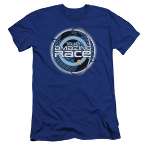 AN OFFCIALLY LICENSED AMAZING RACE AROUND THE GLOBE MEN'S PREMIUM SLIM FIT T-SHIRT ROYAL
