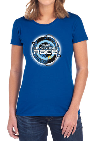 AN OFFCIALLY LICENSED AMAZING RACE AROUND THE GLOBE WOMEN'S REGULAR FIT T-SHIRT ROYAL