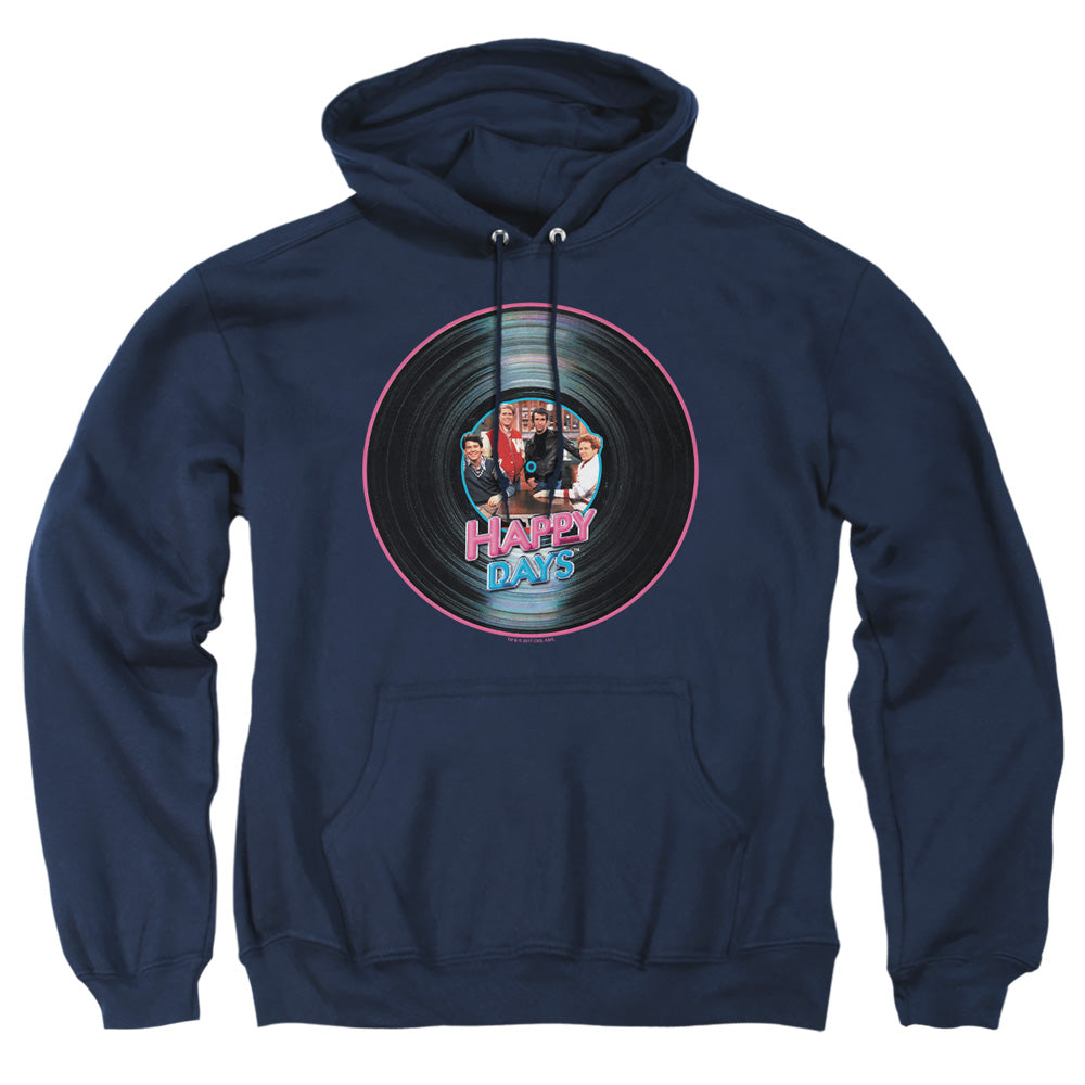 AN OFFCIALLY LICENSED HAPPY DAYS ON THE RECORD ADULT UNISEX PULLOVER HOODIE NAVY