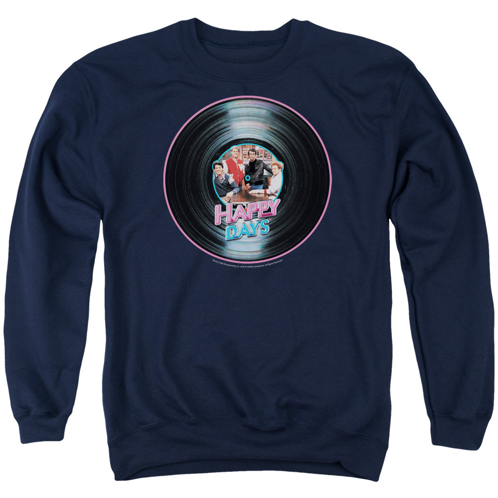AN OFFCIALLY LICENSED HAPPY DAYS ON THE RECORD ADULT UNISEX CREWNECK SWEATSHIRT NAVY