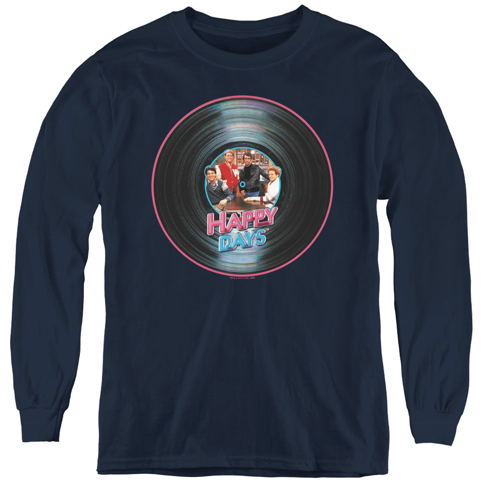 AN OFFCIALLY LICENSED HAPPY DAYS ON THE RECORD YOUTH LONG SLEEVE T-SHIRT NAVY