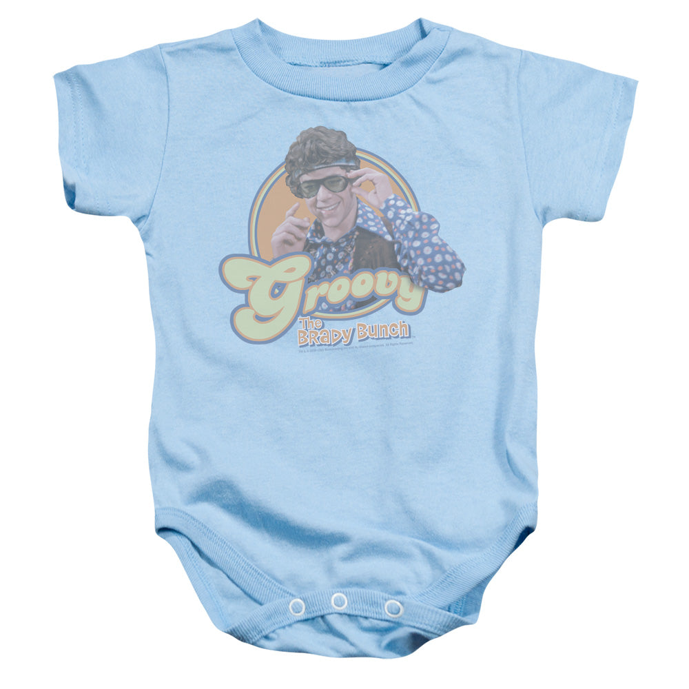 AN OFFCIALLY LICENSED BRADY BUNCH GROOVY GREG BABY BODYSUIT LIGHT BLUE
