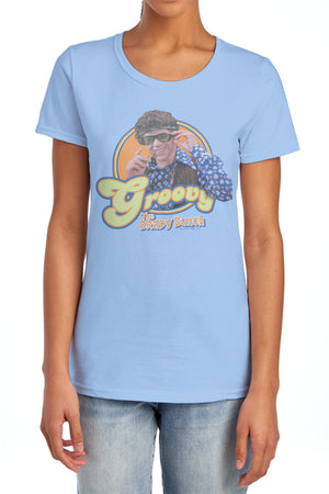AN OFFCIALLY LICENSED BRADY BUNCH GROOVY GREG WOMEN'S REGULAR FIT T-SHIRT LIGHT BLUE