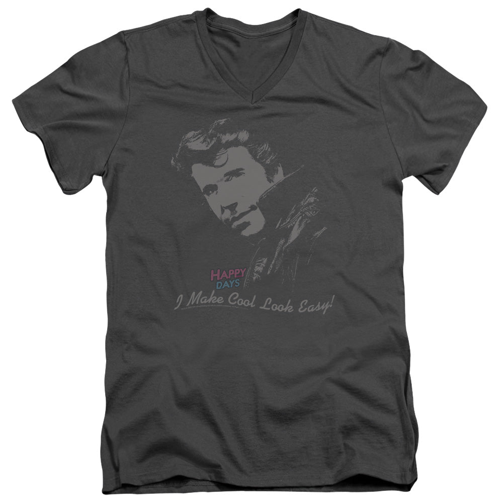 AN OFFCIALLY LICENSED HAPPY DAYS COOL FONZ MEN'S V-NECK T-SHIRT CHARCOAL