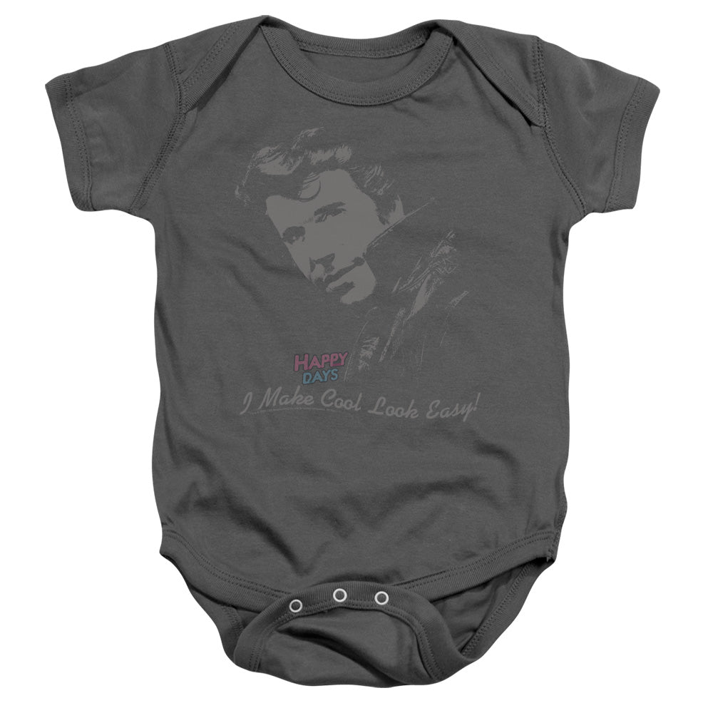 AN OFFCIALLY LICENSED HAPPY DAYS COOL FONZ BABY BODYSUIT CHARCOAL
