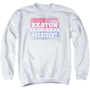 AN OFFCIALLY LICENSED FAMILY TIES ALEX FOR PRESIDENT ADULT UNISEX CREWNECK SWEATSHIRT WHITE