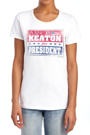 AN OFFCIALLY LICENSED FAMILY TIES ALEX FOR PRESIDENT WOMEN'S REGULAR FIT T-SHIRT WHITE