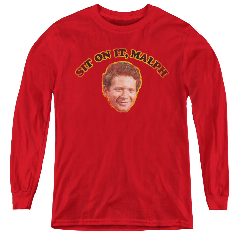 AN OFFCIALLY LICENSED HAPPY DAYS SIT ON IT MALPH YOUTH LONG SLEEVE T-SHIRT RED