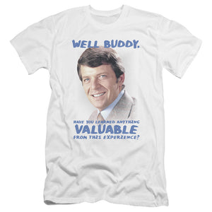 AN OFFCIALLY LICENSED BRADY BUNCH BUDDY MEN'S PREMIUM SLIM FIT T-SHIRT WHITE