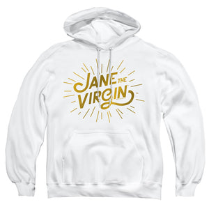 AN OFFCIALLY LICENSED JANE THE VIRGIN GOLDEN LOGO ADULT UNISEX PULLOVER HOODIE WHITE