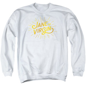 AN OFFCIALLY LICENSED JANE THE VIRGIN GOLDEN LOGO ADULT UNISEX CREWNECK SWEATSHIRT WHITE