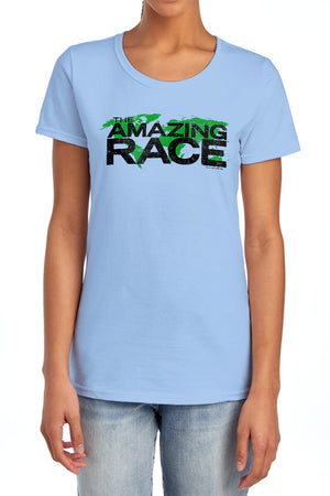 AN OFFCIALLY LICENSED AMAZING RACE RACE WORLD WOMEN'S REGULAR FIT T-SHIRT LIGHT BLUE