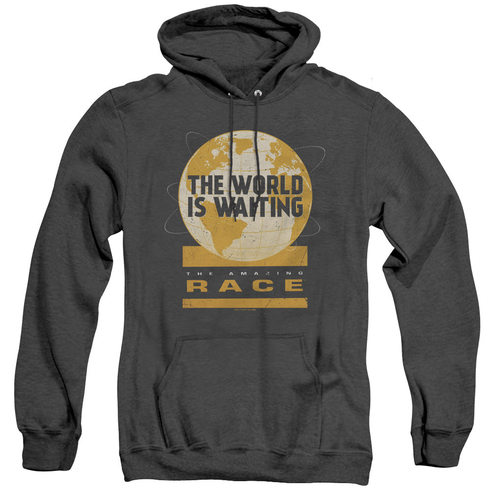 AN OFFCIALLY LICENSED AMAZING RACE WAITING WORLD ADULT UNISEX HEATHER PULLOVER HOODIE BLACK