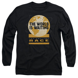 AN OFFCIALLY LICENSED AMAZING RACE WAITING WORLD MEN'S LONG SLEEVE T-SHIRT BLACK