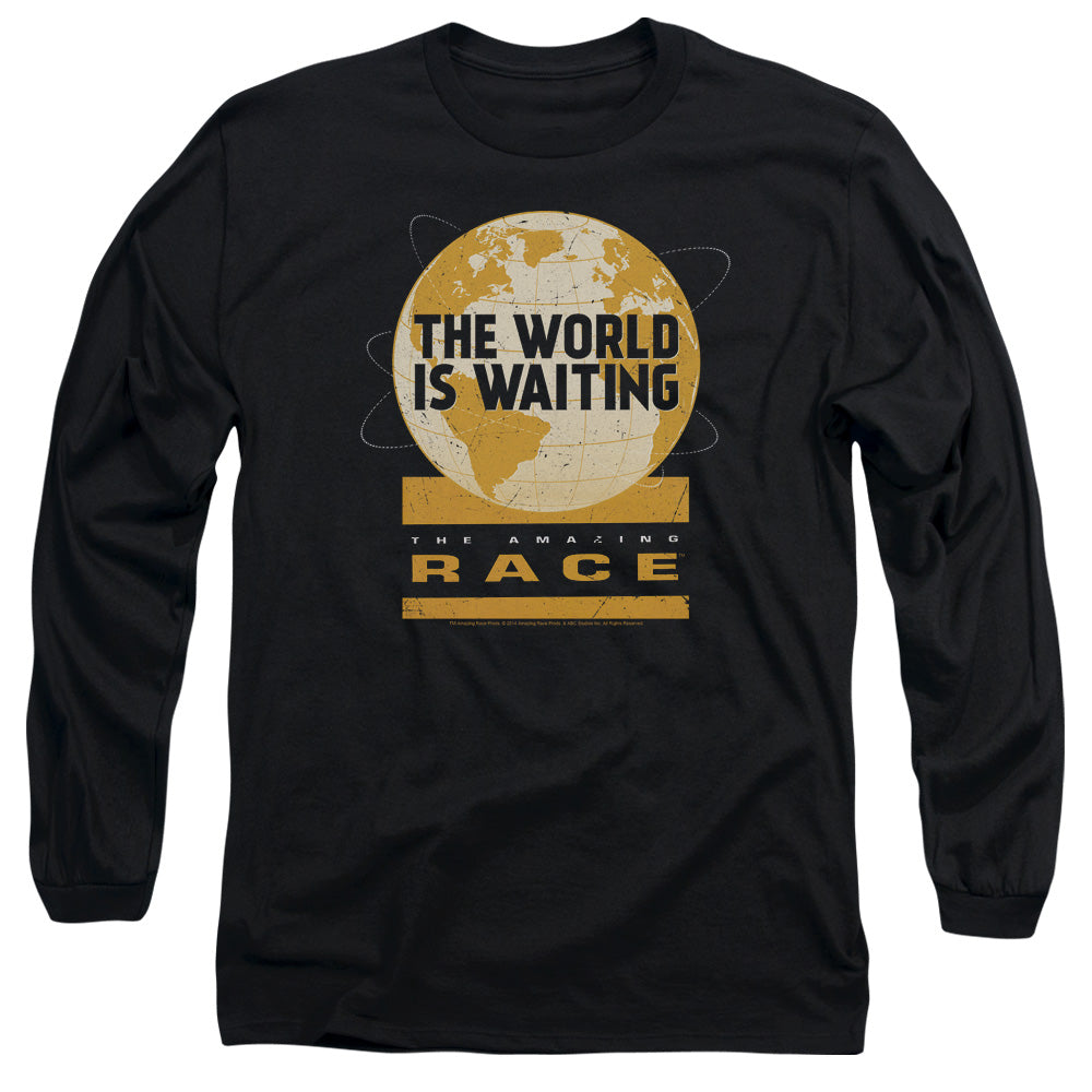 AN OFFCIALLY LICENSED AMAZING RACE WAITING WORLD MEN'S LONG SLEEVE T-SHIRT BLACK