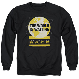 AN OFFCIALLY LICENSED AMAZING RACE WAITING WORLD ADULT UNISEX CREWNECK SWEATSHIRT BLACK