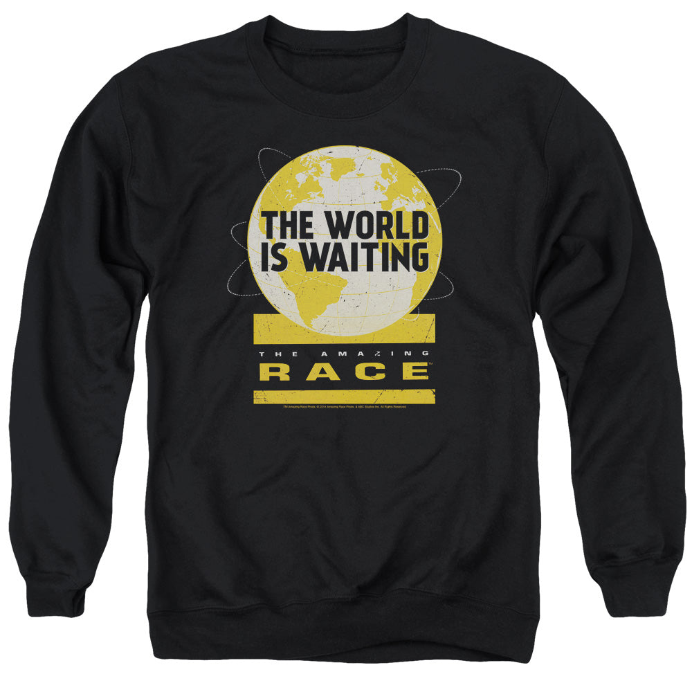AN OFFCIALLY LICENSED AMAZING RACE WAITING WORLD ADULT UNISEX CREWNECK SWEATSHIRT BLACK