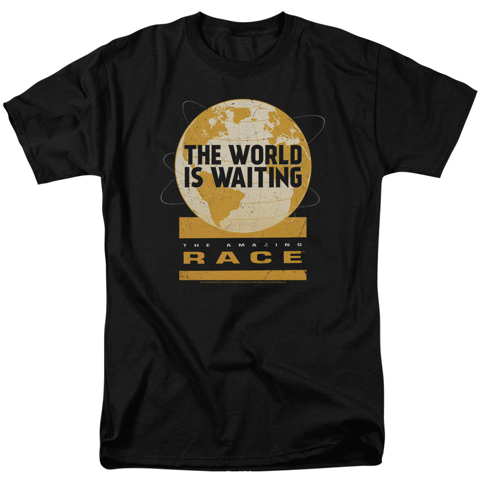AN OFFCIALLY LICENSED AMAZING RACE WAITING WORLD MEN'S REGULAR FIT T-SHIRT BLACK