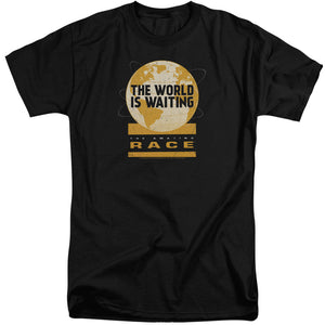 AN OFFCIALLY LICENSED AMAZING RACE WAITING WORLD MEN'S TALL FIT T-SHIRT BLACK