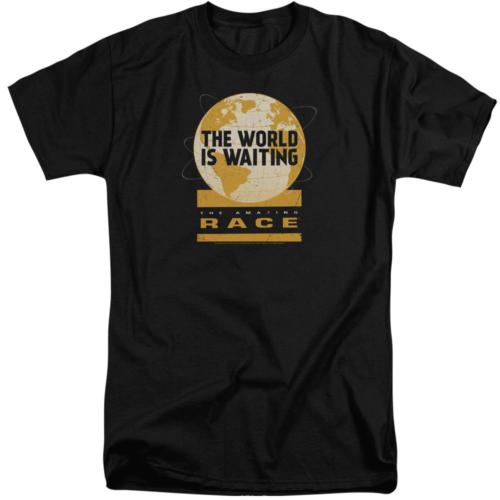 AN OFFCIALLY LICENSED AMAZING RACE WAITING WORLD MEN'S TALL FIT T-SHIRT BLACK