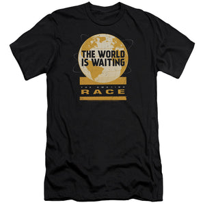 AN OFFCIALLY LICENSED AMAZING RACE WAITING WORLD MEN'S PREMIUM SLIM FIT T-SHIRT BLACK